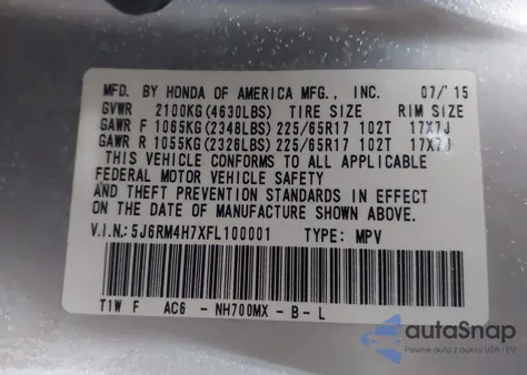 2015 Honda Cr-V Ex-L из США, поврежденный, VIN 5J6RM4H7XFL100001